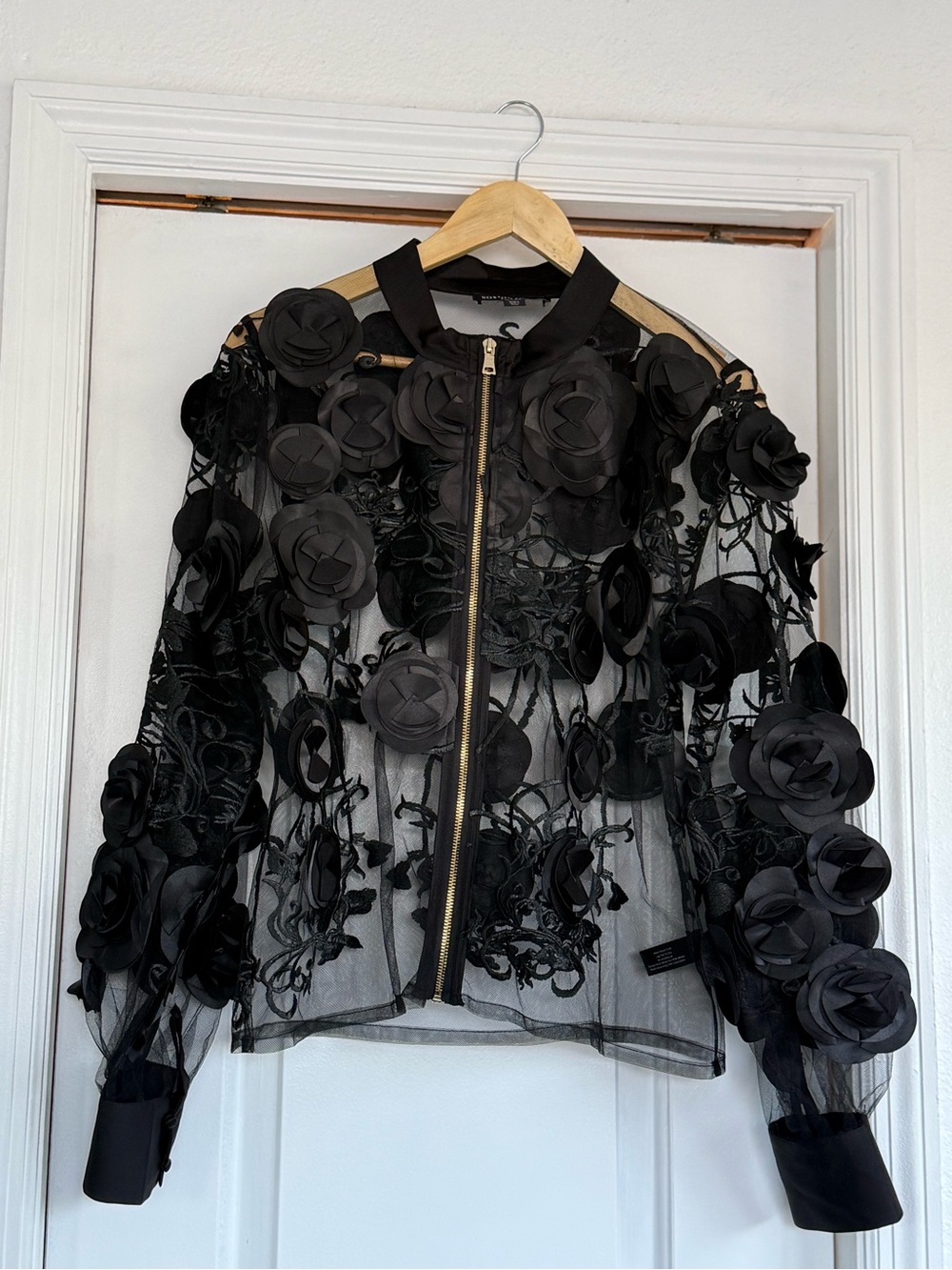 Boston Proper Black Sheer Floral Appliqué Bomber Jacket New